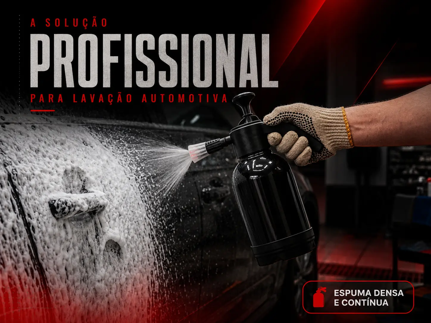Pulverizador Snow Foam 2L aplicando espuma na lateral de um carro escuro em uma oficina