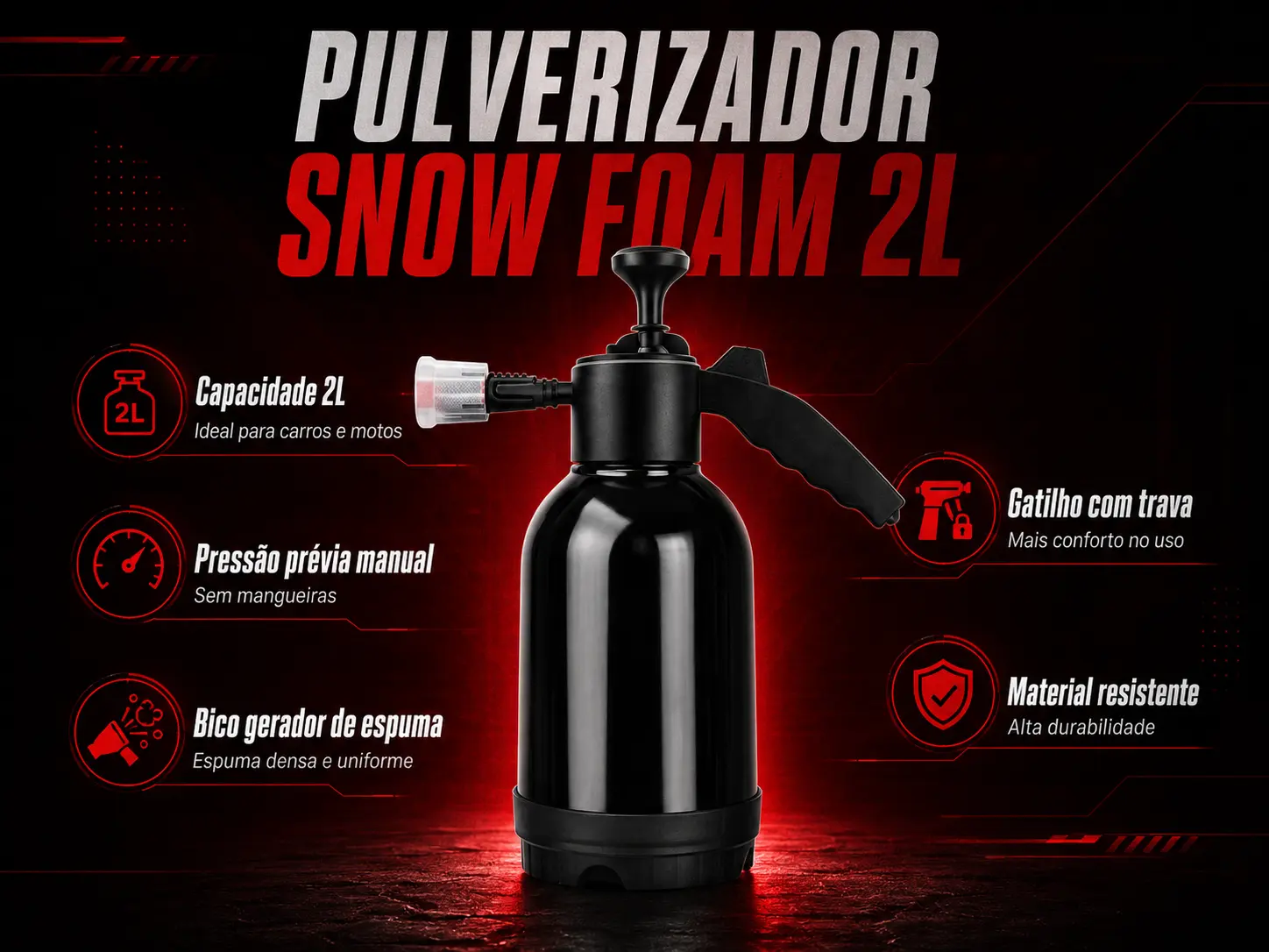 Pulverizador Snow Foam 2L preto com destaque para capacidade, pressão manual, bico de espuma e gatilho com trava